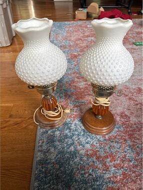 Vintage Mid-Century Plastic White Hobnail Hurricane Table Lamps - Pair